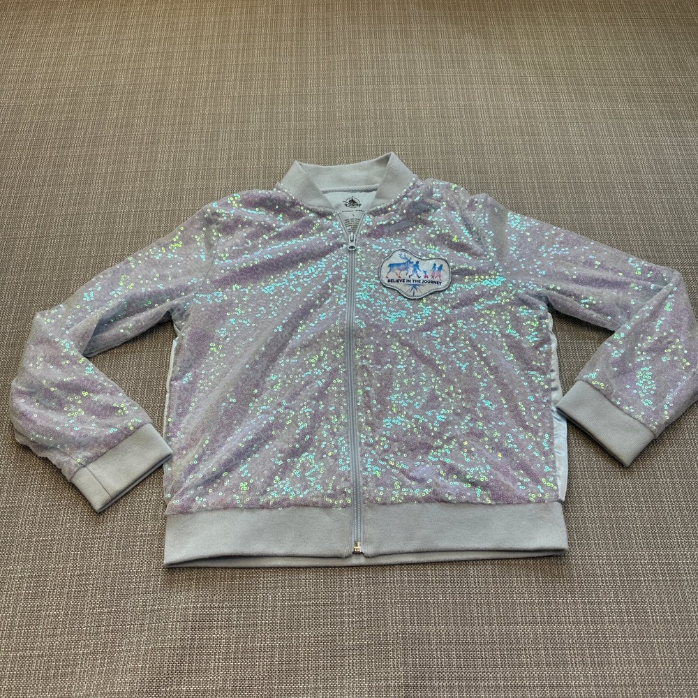 Disney Parks Frozen 2 Elsa Anna Sequin Bomber Jacket Girls Large Forest Spirit *
